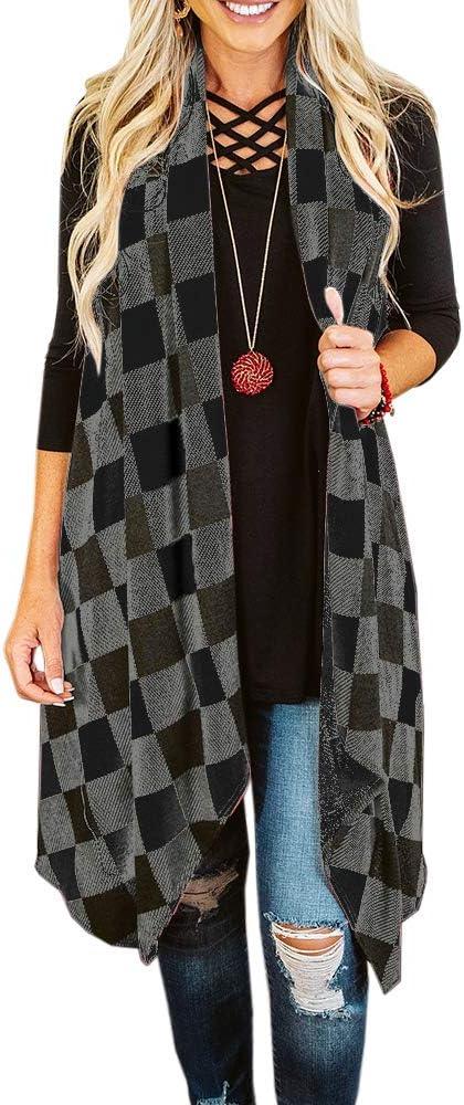 Womens Plaid Open Front Sweaters Sleeveless Vest Coat with Pockets - Clorbad