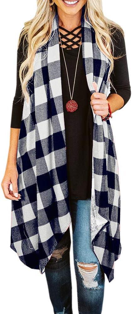 Womens Plaid Open Front Sweaters Sleeveless Vest Coat with Pockets - Clorbad