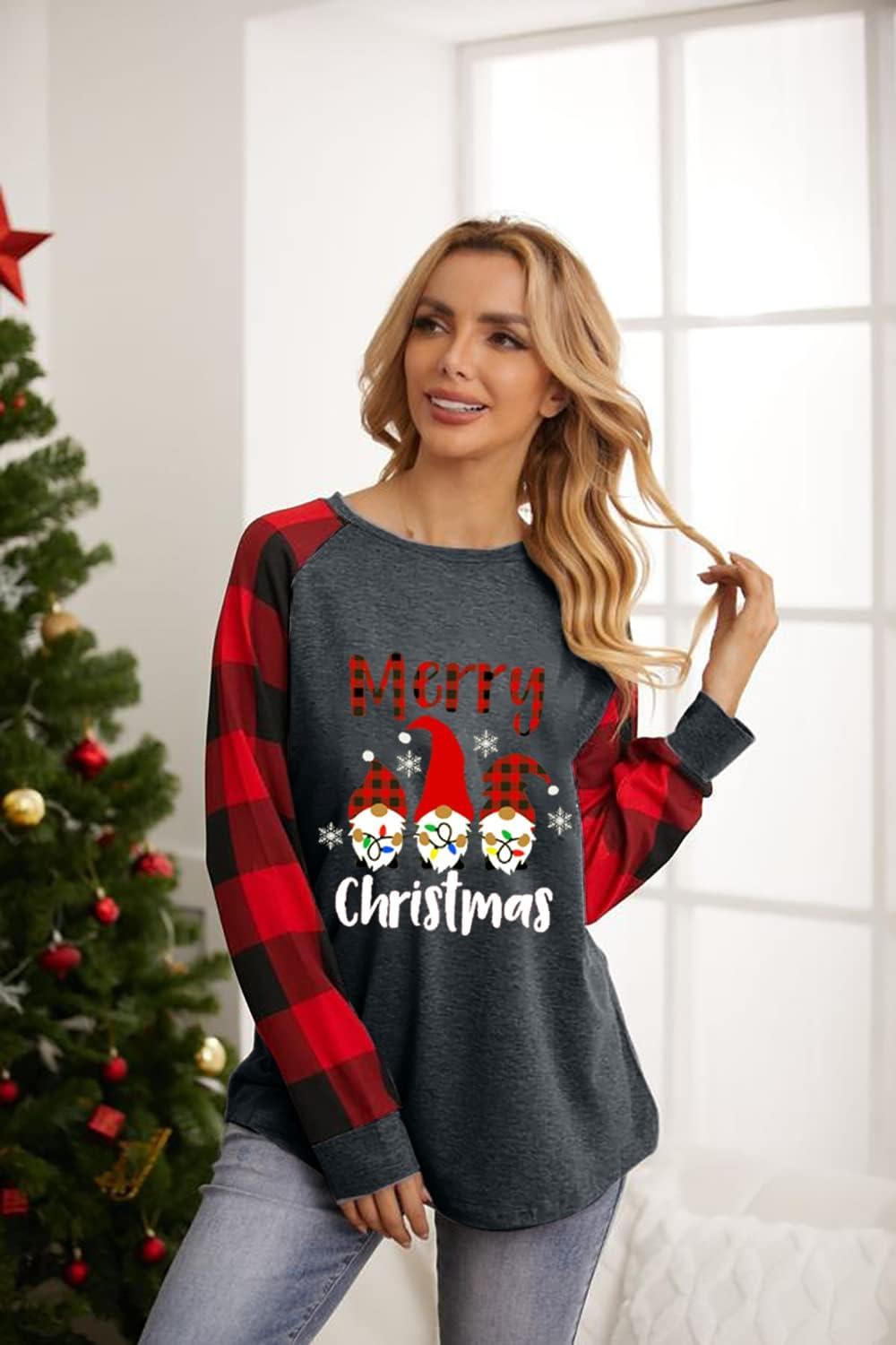 Merry Christmas Shirts for Women Long Sleeve Tee Xmas Holiday Pullover Top - Clorbad