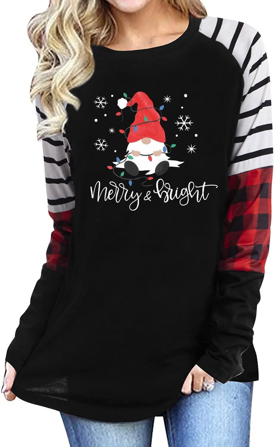 Merry Christmas Shirts for Women Long Sleeve Tee Xmas Holiday Pullover Top - Clorbad