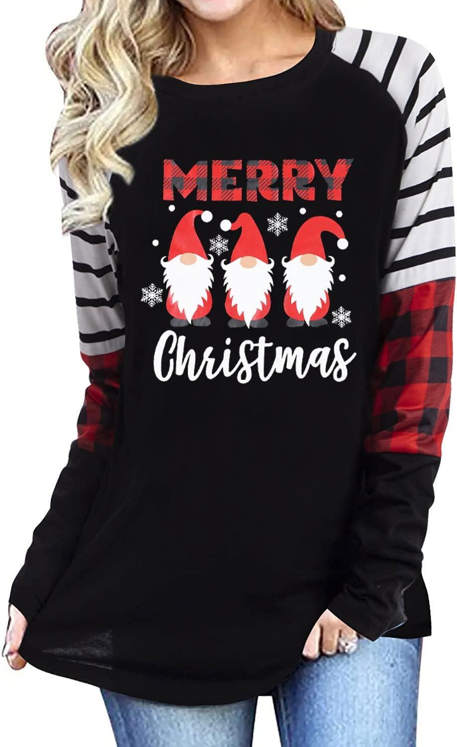 Merry Christmas Shirts for Women Long Sleeve Tee Xmas Holiday Pullover Top - Clorbad