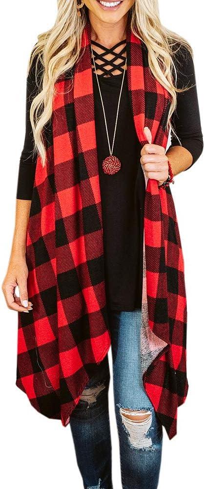 Womens Plaid Open Front Sweaters Sleeveless Vest Coat with Pockets - Clorbad