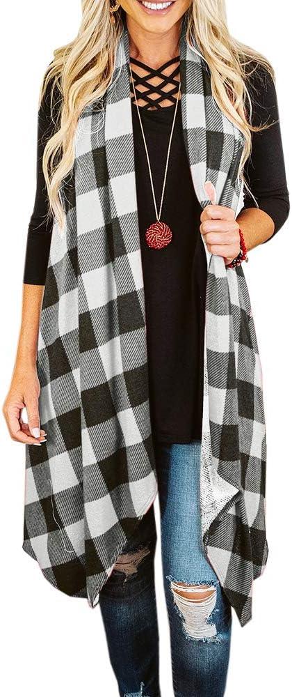 Womens Plaid Open Front Sweaters Sleeveless Vest Coat with Pockets - Clorbad