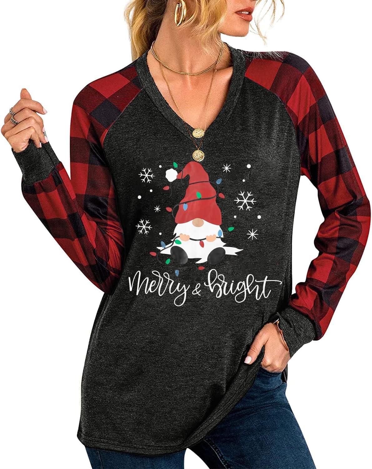 Merry Christmas Shirts for Women Long Sleeve Tee Xmas Holiday Pullover Top - Clorbad