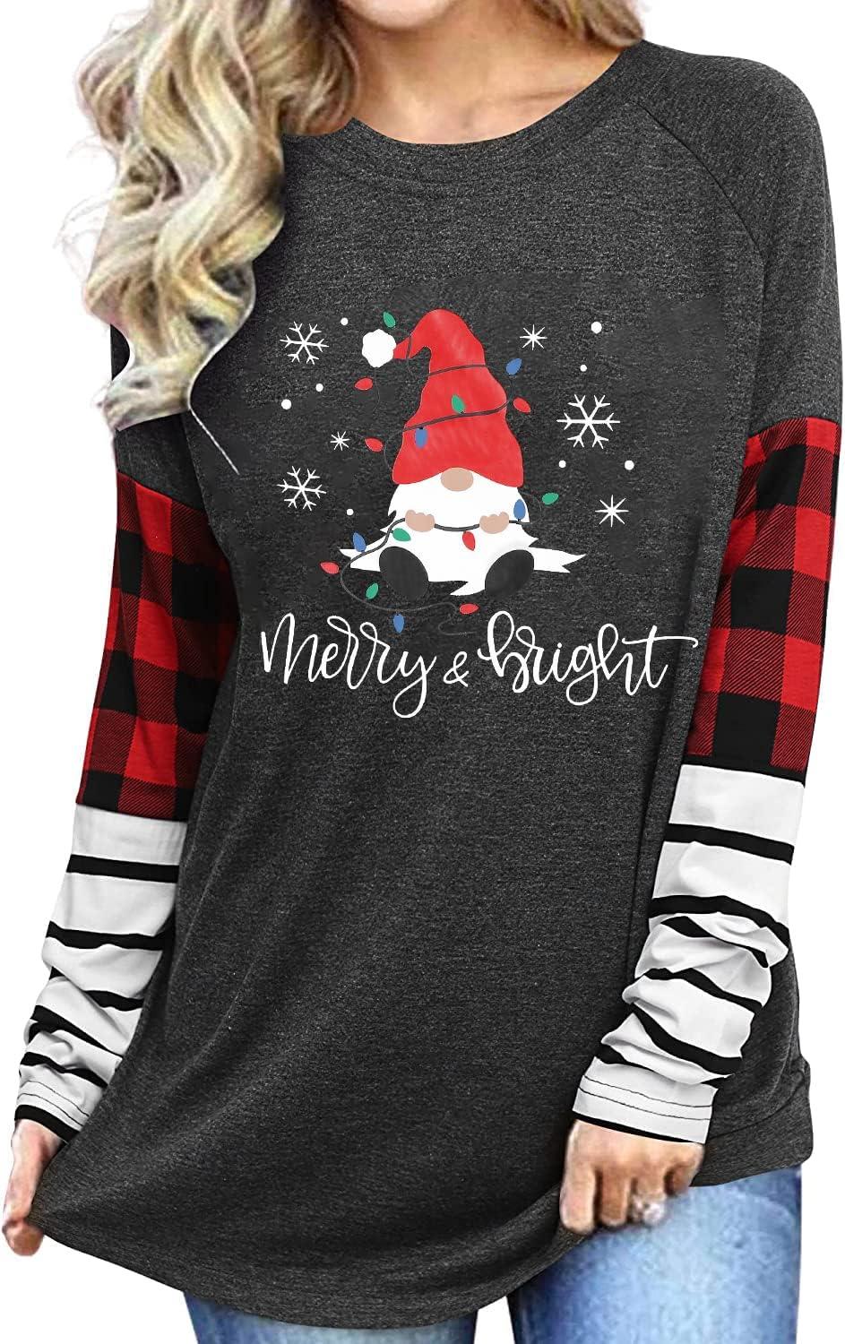 Merry Christmas Shirts for Women Long Sleeve Tee Xmas Holiday Pullover Top - Clorbad