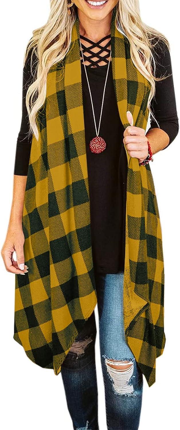 Womens Plaid Open Front Sweaters Sleeveless Vest Coat with Pockets - Clorbad