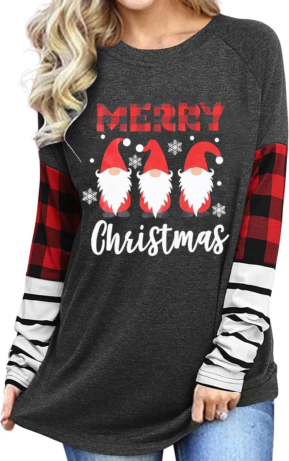 Merry Christmas Shirts for Women Long Sleeve Tee Xmas Holiday Pullover Top - Clorbad