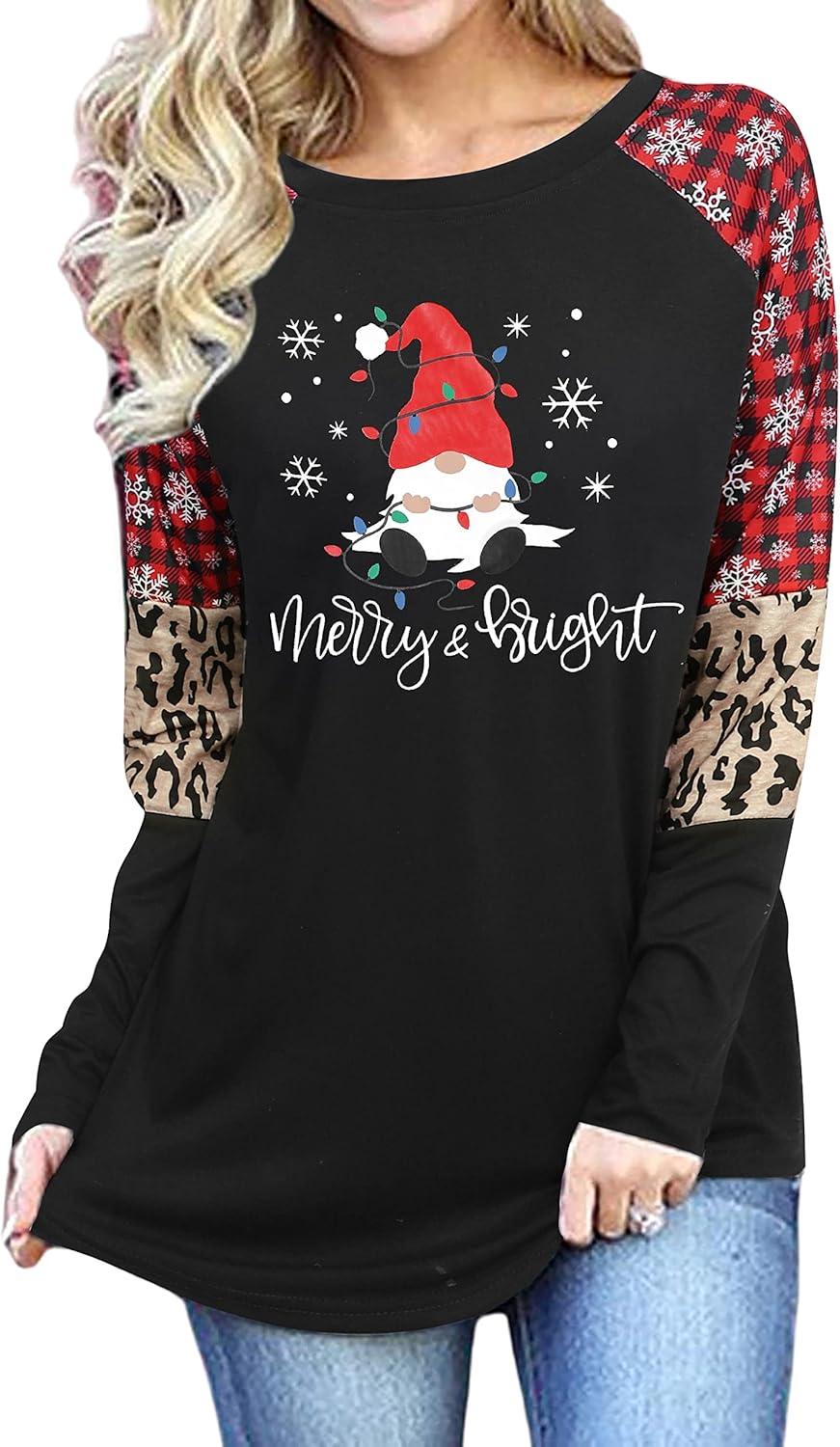 Merry Christmas Shirts for Women Long Sleeve Tee Xmas Holiday Pullover Top - Clorbad