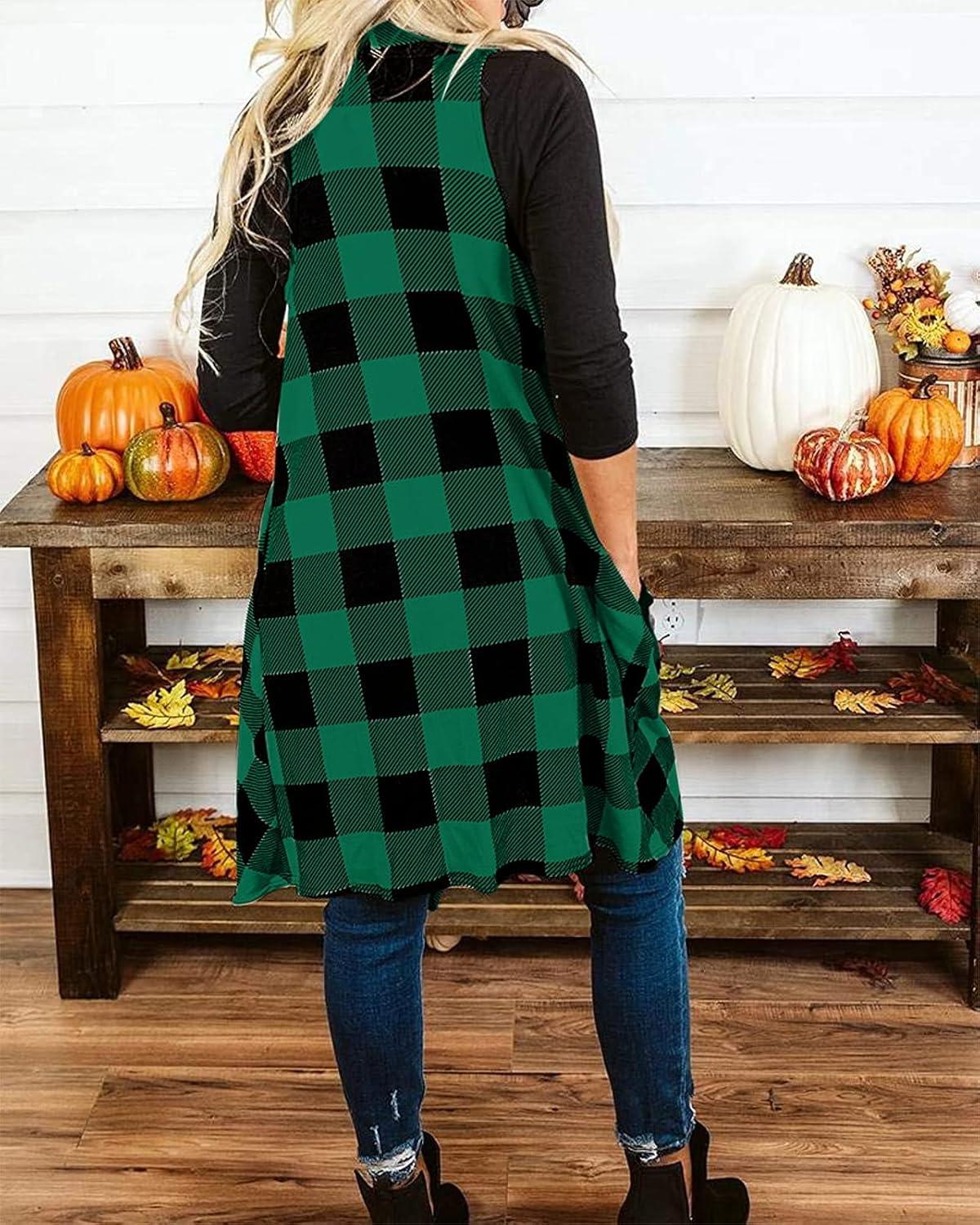 Womens Plaid Open Front Sweaters Sleeveless Vest Coat with Pockets - Clorbad