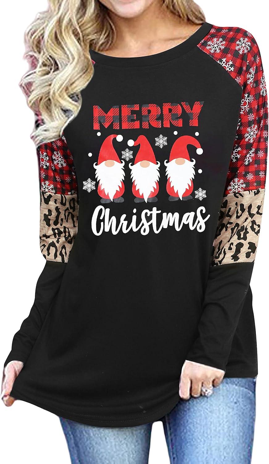 Merry Christmas Shirts for Women Long Sleeve Tee Xmas Holiday Pullover Top - Clorbad