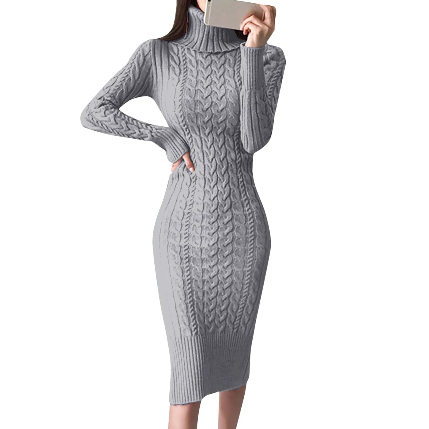 Women's Long Sleeve Turtleneck Sweater Dress - Warm Knitted Bodycon Pullover for Autumn & Winter