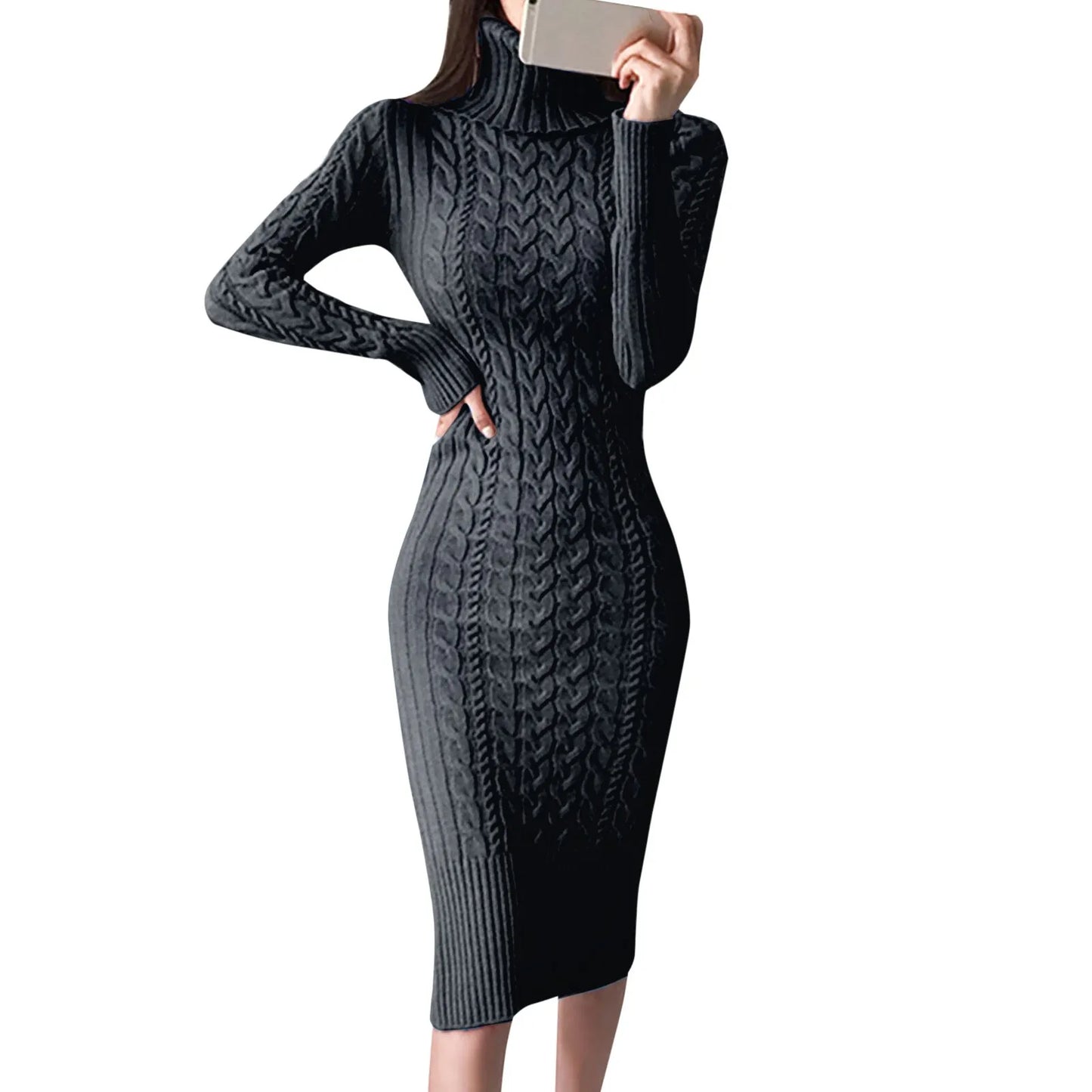 Women's Long Sleeve Turtleneck Sweater Dress - Warm Knitted Bodycon Pullover for Autumn & Winter