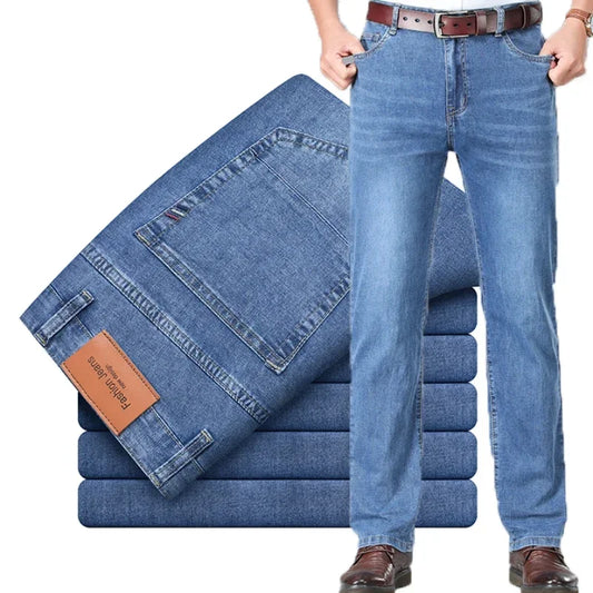 2024 Men's Elastic Cotton Jeans - Thin & Thick Options, Gray High-Waist Denim for Business Casual Comfort