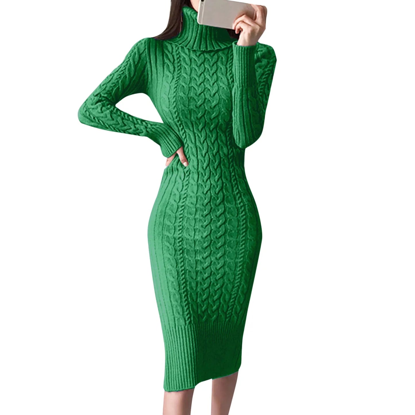 Women's Long Sleeve Turtleneck Sweater Dress - Warm Knitted Bodycon Pullover for Autumn & Winter