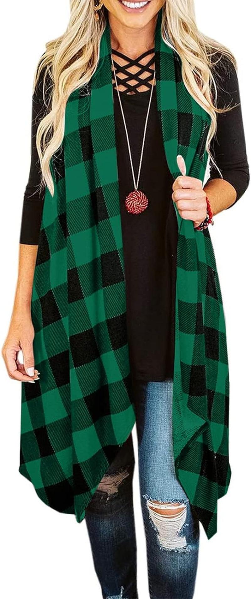 Womens Plaid Open Front Sweaters Sleeveless Vest Coat with Pockets - Clorbad